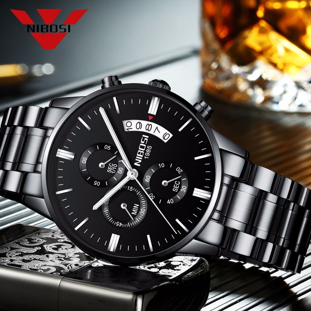 Luxury Watch All Black - NIBOSI czarny zegarek kwarcowy ze stali